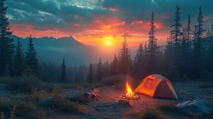 A tent is pitched and a campfire is blazing in the wilderness as the sun sets - obrazy, fototapety, plakaty