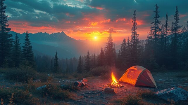A tent is pitched and a campfire is blazing in the wilderness as the sun sets