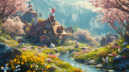 A picturesque countryside landscape with a charming Easter bunny village, portraying a delightful Easter fantasy world.