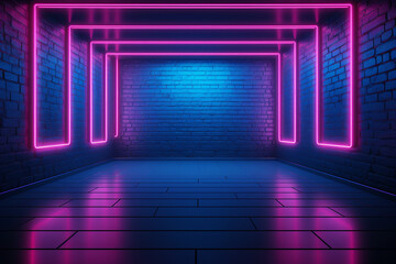 The dark stage shows, empty dark blue, purple, pink background, neon light, spotlights, The asphalt floor and studio room with smoke float up the interior texture for display products