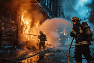 Heroes at Work: Firefighters Brave the Danger, Extinguishing a Fierce Fire Within a Building, Demonstrating Teamwork, Bravery, and Their Role as Peacekeepers in Times of Crisis.




