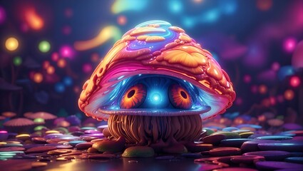 neon cute monster Psychedelic mushroom trippy	 - obrazy, fototapety, plakaty