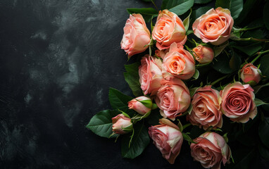 Bouquet of roses on a black background with copy space