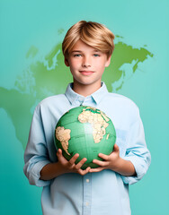 young multiracial multinational teenager schoolboy pupil student holding hugging globe on geography lesson isolated on pastel green blue background. Happy Earth day!