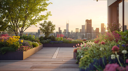 Sobrevoando o panorama da cidade um jardim no terraço irrompe de vegetação criando um oásis sereno em meio à agitação urbana