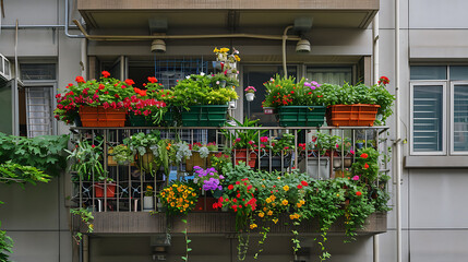 Plantas em vasos e flores enfeitam as varandas apertadas de prédios de apartamentos altos oferecendo um toque de cor em meio à selva de concreto - obrazy, fototapety, plakaty