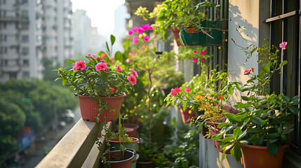 Fototapeta na wymiar Plantas e flores em vasos enfeitam a estreita varanda de um apartamento em altura adicionando um toque de natureza à paisagem urbana