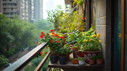 Fototapeta na wymiar Plantas e flores em vasos enfeitam a estreita varanda de um apartamento em altura adicionando um toque de natureza à paisagem urbana