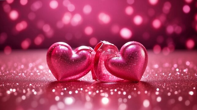 Valentine's Day. Two Hearts On Pink Glitter Shiny Background, bokeh background. Romantic background concept of happy valentines day created with generative ai