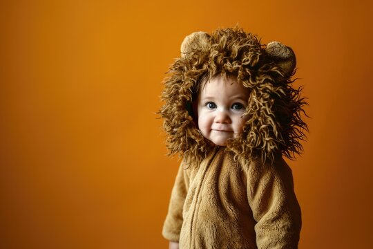 Little King of the Jungle: Adorable Toddler in Lion Costume Roars on an Orange Background with copy space	