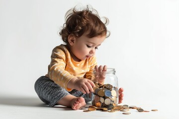 Preschool Penny Savvy: A Toddler Playing with a Coin Jar on a White Background, Embarking on a Playful Journey of Financial Education, Savings, and Early Money Awareness.