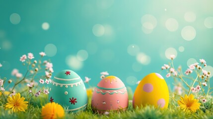 Easter background with colorful egg decorations and ample copy space for text