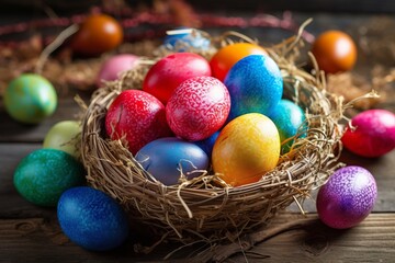 Fototapeta na wymiar Colorful Easter eggs in a nest on a wooden background