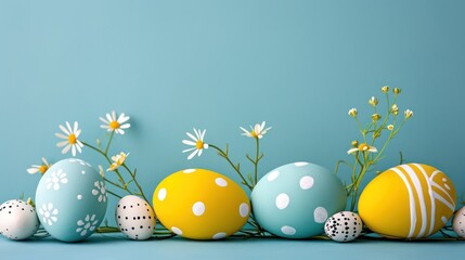 Top view easter background with colorful egg decorations and ample copy space for text