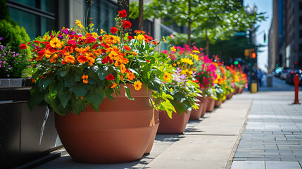 Fototapeta na wymiar Fileiras de plantas e flores vibrantes em vasos adornam a movimentada calçada da cidade trazendo uma explosão de cor para a paisagem urbana