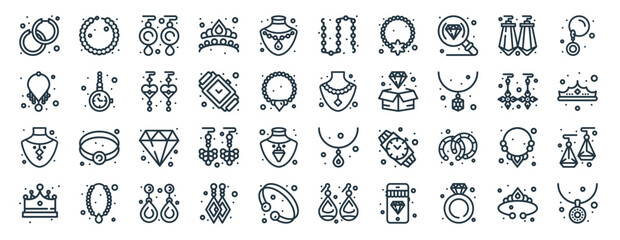 linear pack of jewellery line icons. linear vector icons set such as bracelet, chain, necklace, necklace, crown, necklace. vector illustration.