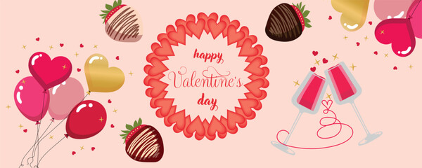 Festive banner for Valentines Day celebration with glasses of wine, balloons and strawberries