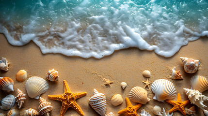 Fototapeta na wymiar Top view of a sandy beach with exotic seashells and starfish