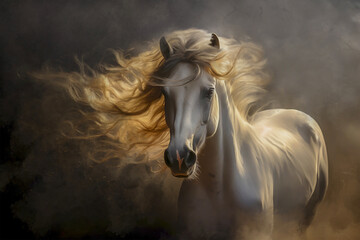 A white horse galloping in a cloud of dust.