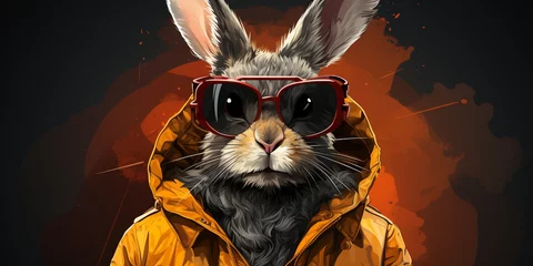 Deurstickers This illustration captures a funny rabbit wearing sunglasses and posing with a funny face against a vibrant and colorful backdrop, representing the humor and play. © sumia