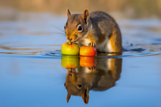 A squirrel is standing in the water, holding and eating an orange fruit. The squirrels fur is wet while it nibbles on the orange.