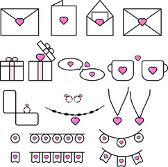 Flat vector art illustration of valentines day icons or doodle set in line art or outline style on transparent background for the decoration of valentine, wedding, happy birthday, greeting, cards, etc