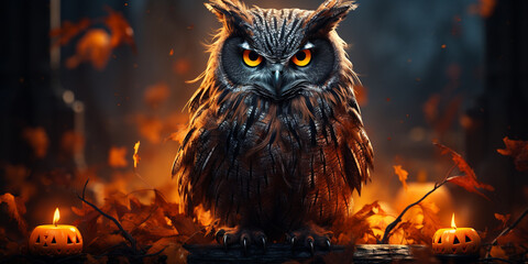 There is a owl sitting on a branch with fire in the background A 3d One cute colorful round angry bird isolated on a clean blurred jungle near two candles and dark grey background.