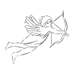 Drawn Cupid with bow and arrow on white background