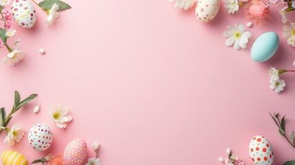 Fototapeta na wymiar Top view easter background with colorful egg decorations and ample copy space for text