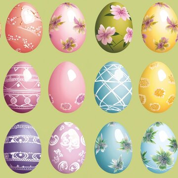 A seamless pattern of easter eggs on a plain background with pastel spring colors. 