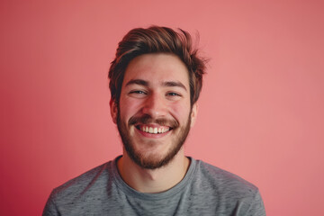Fototapeta premium A man with a beard is smiling in front of a pink background