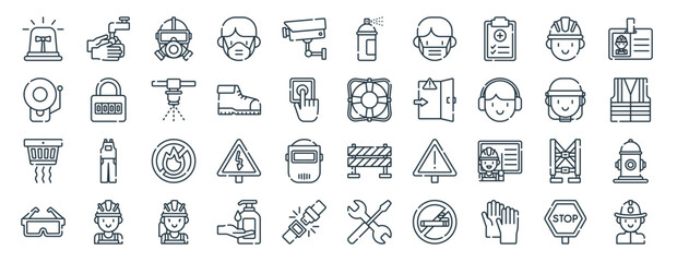 linear pack of job safety line icons. linear vector icons set such as washing hand, aerosol, life preserver, smoke detector, glass, firefighter. vector illustration. - obrazy, fototapety, plakaty