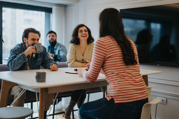 Group of young people enjoying conversation and coffee break in modern space.