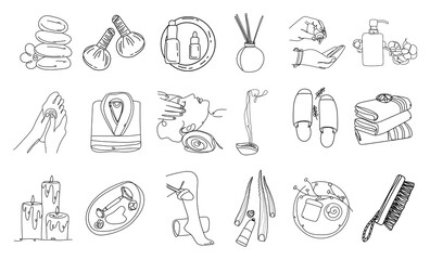 Set of drawn spa supplies with cosmetics on white background