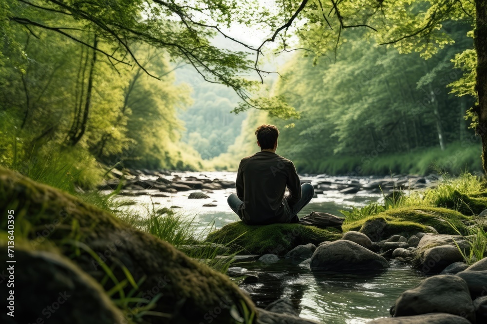 Wall mural Riverside Serenity: Capture the Quiet Beauty of a Man in Silent Contemplation by the Forest River, Embracing Nature's Meditation and Finding Tranquility in the Wilderness.