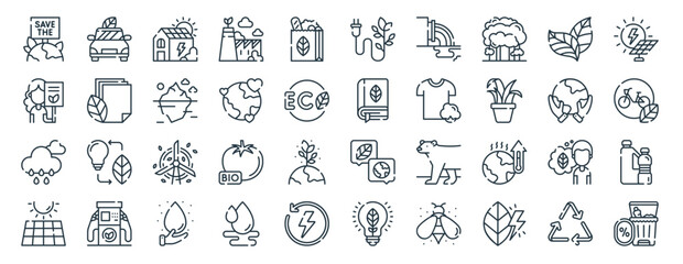 linear pack of ecology line icons. linear vector icons set such as eco car, plug, notebook, rain, solar panel, zero. vector illustration.