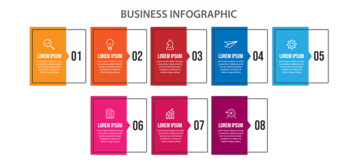 Vector Infographic label design template with icons and 8 options or steps. Can be used for presentation banners, workflow layouts, flow charts, infographics, your business presentations