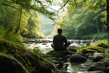 Riverside Serenity: Capture the Quiet Beauty of a Man in Silent Contemplation by the Forest River, Embracing Nature's Meditation and Finding Tranquility in the Wilderness.