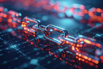 A close up of a chain with a blue background