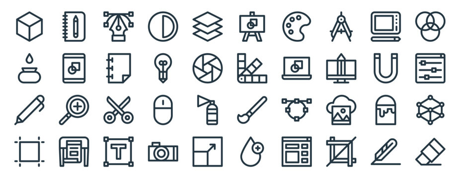 linear pack of graphic design line icons. linear vector icons set such as sketchbook, canvas, pantone, writing, crop, rubber. vector illustration.