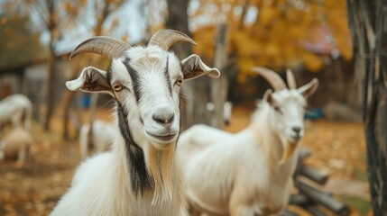 Close up of goats on a farm in autumn. Farm animals.
