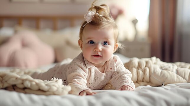 Cute adorable baby girl lying on the bed
