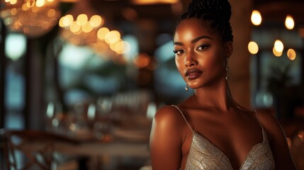 Sophisticated black woman with elegant evening makeup gazes confidently, bokeh lights in a luxurious restaurant setting