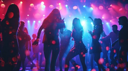 Nightlife and disco concept. Young people are dancing in club - obrazy, fototapety, plakaty