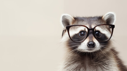Fashionable raccoon in glasses on a studio background, with copy space