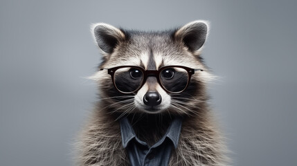 Stylish portrait of an anthropomorphic raccoon wearing glasses with copy space.