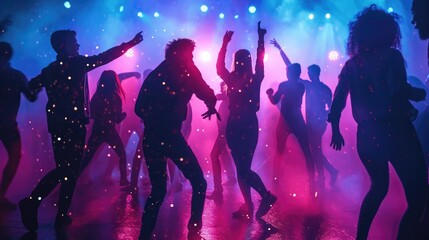 Nightlife and disco concept. Young people are dancing in club