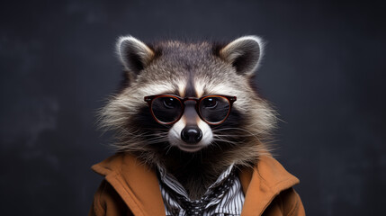 Stylish portrait of an anthropomorphic raccoon wearing glasses with copy space.