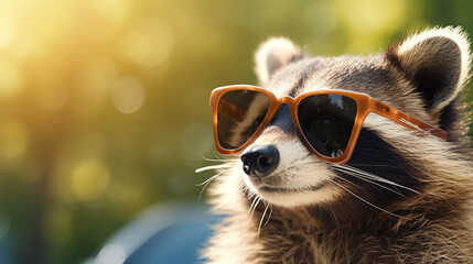 Fashionable raccoon in sunglasses on studio background, with copy space