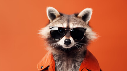 Stylish portrait of an anthropomorphic raccoon wearing glasses with copy space.